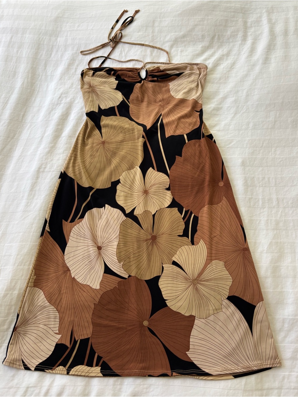 Vintage BCBGMaxAzria Strapless Floral Midi Dress in Black, Brown & Cream